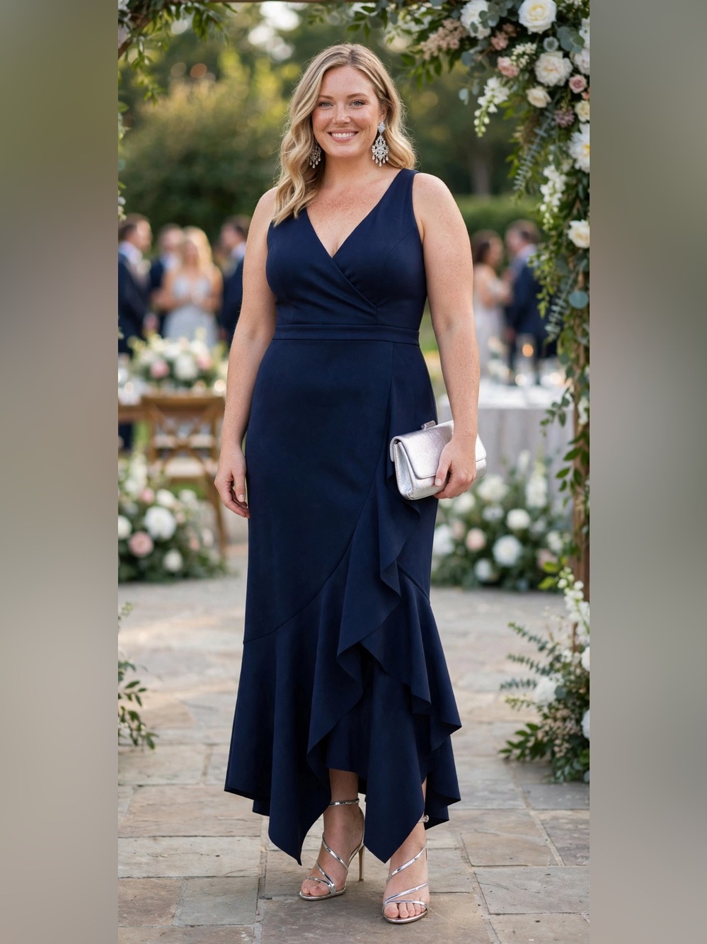 Elegant Navy One-Shoulder Ruffle Gown